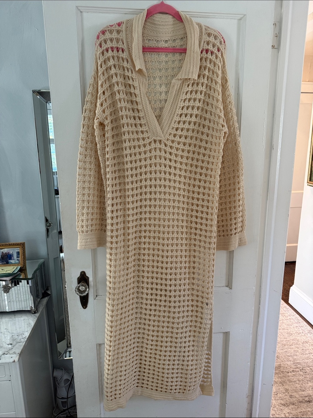Cream Open-Knit Collared Midi Cover up